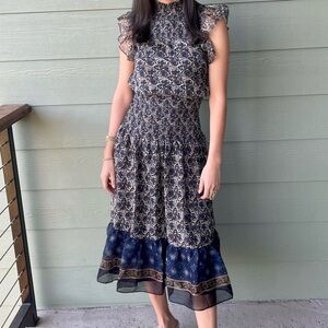 AQUA BLUE PRINTED SMOCKED DRESS SIZE SMALL